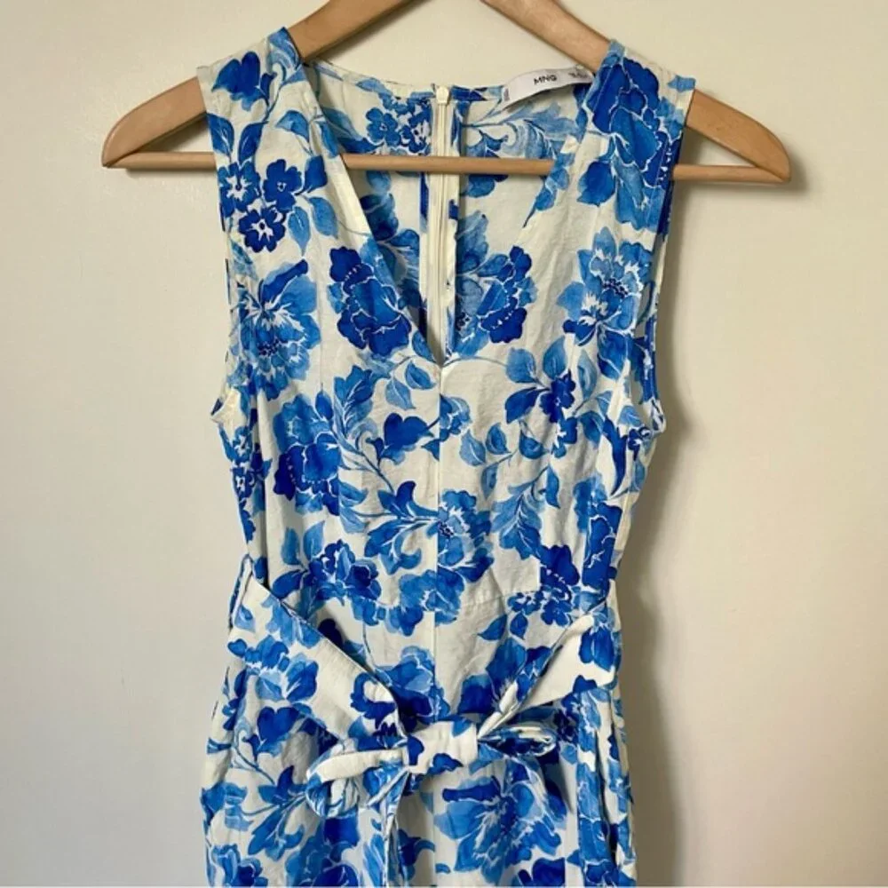 Mango Floral-Print Jumpsuit With Tie Blue and White Print Size Extra Small - Picture 8 of 14